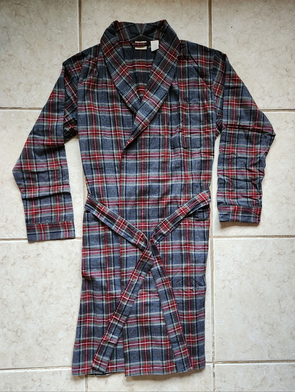 L.L. Bean Scotch Plaid Flannel Robe M Tall Blue Red Grey Cotton Belted Lounge